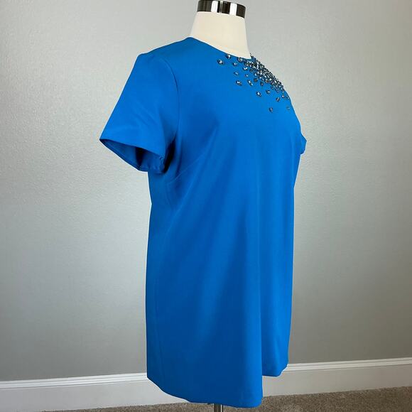 Sachin & Babi Cyrstal Beaded Short Sleeve Mini Shift Cocktail Dress Blue Size 14 - Picture 3 of 12